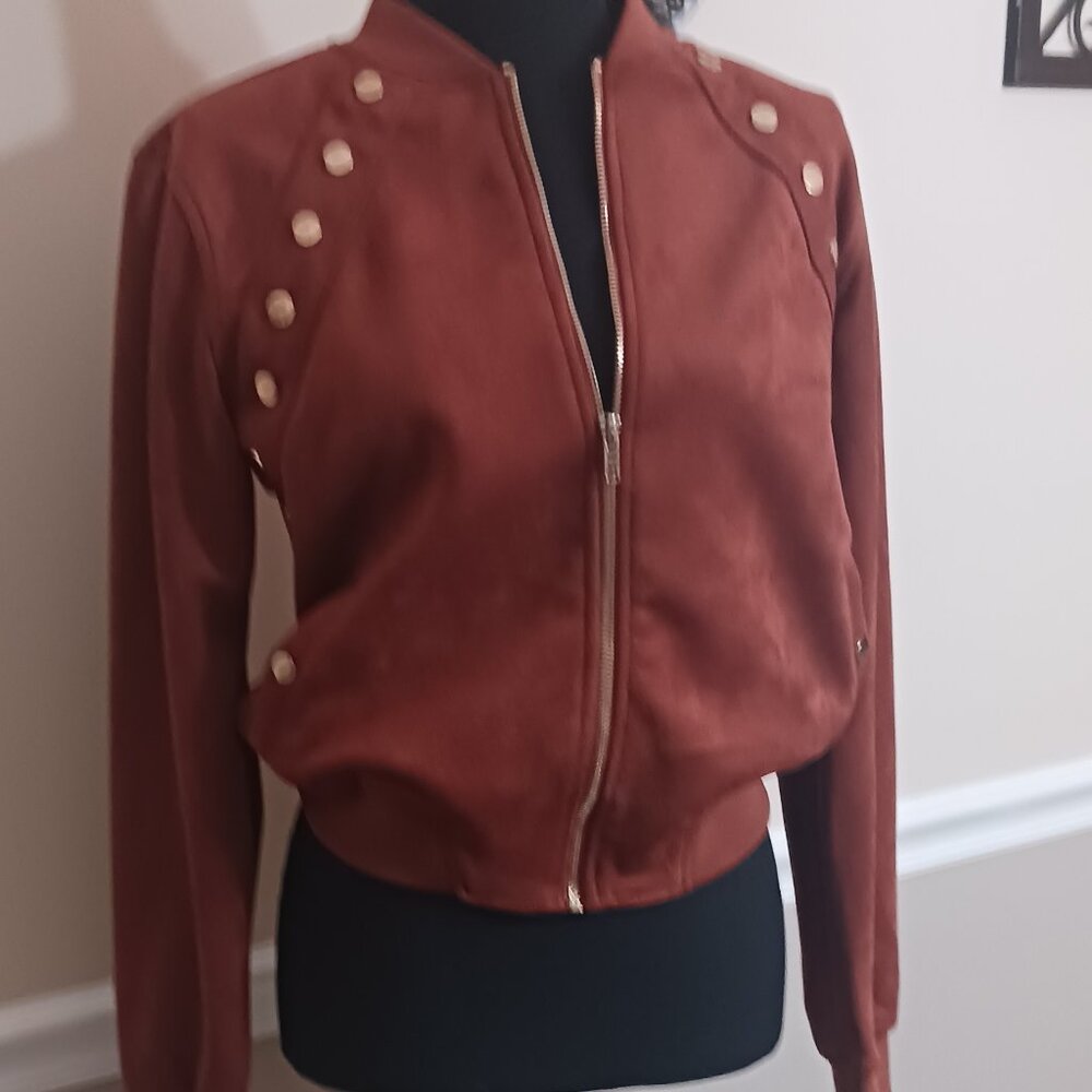 Super Cute Haute Monde Faux Suede Zip Up Jacket With Gold Accent Buttons